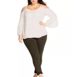 NWT City Chic M/18 Plus Top White Boho Bell Sleeve Cold Shoulder